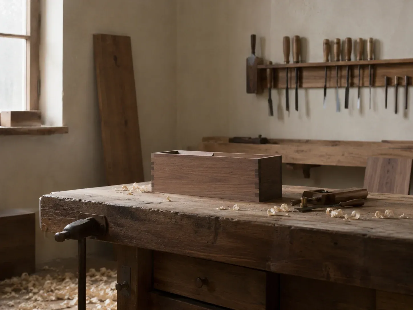 L'atelier baigné de lumière naturelle, établi en bois massif et outils à main