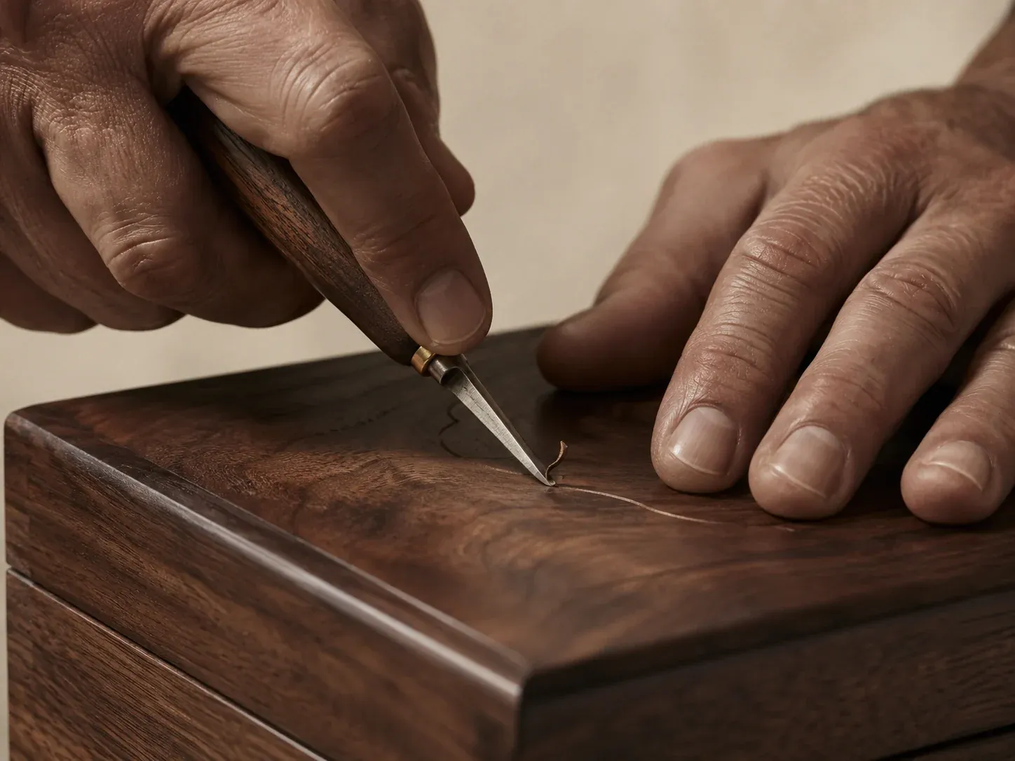 Mains d'artisan gravant un couvercle de boîte au burin