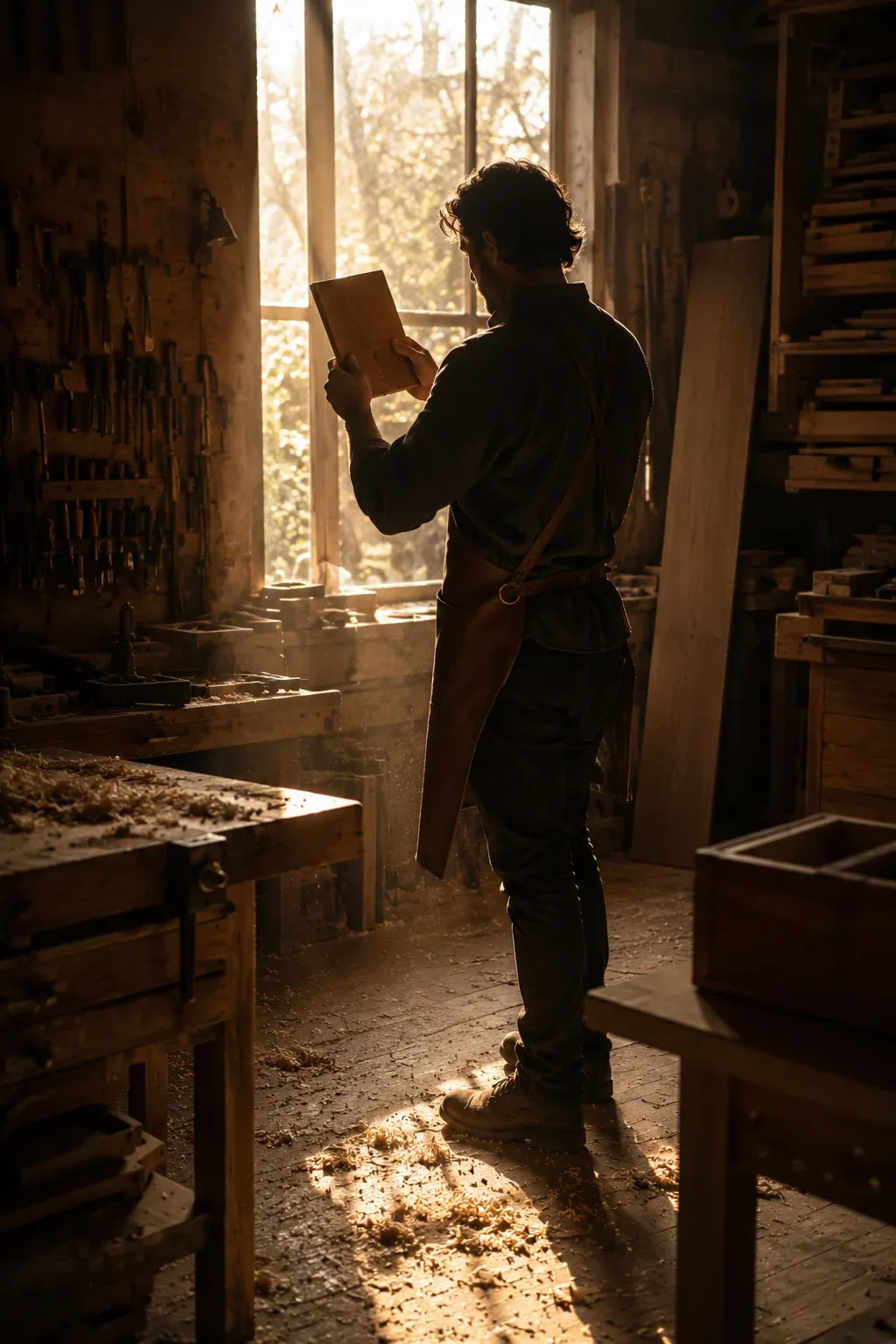 L'ébéniste examine un couvercle à contre-jour dans la lumière de l'atelier